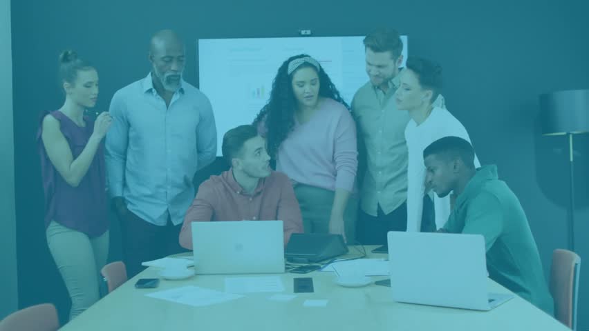 Team gathering at meeting table starting code review for debugging with code overlay expanding. Collaboration, teamwork, innovation, technology, professional, modern, digital - Powered by Shutterstock - Get 15% off with code: PIKWIZARD15