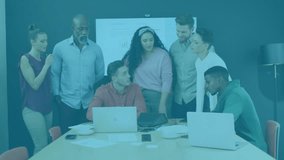 Team gathering at meeting table starting code review for debugging with code overlay expanding. Collaboration, teamwork, innovation, technology, professional, modern, digital - Powered by Shutterstock - Get 15% off with code: PIKWIZARD15