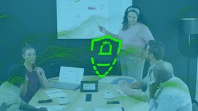 Presenter pointing charts causing padlock incrementing code while team reviewing cybersecurity data. Collaboration, teamwork, innovation, technology, digital, corporate, analysis - Powered by Shutterstock - Get 15% off with code: PIKWIZARD15