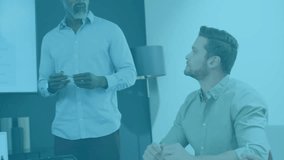 Presenter gesturing in business meeting causing world map overlay expanding with hexagonal data. Corporate, teamwork, analytics, data visualization, modern, professional, leadership - Powered by Shutterstock - Get 15% off with code: PIKWIZARD15