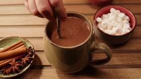 Making cocoa cacao hot chocolate with marshmallows. Man takes a spoon and mixing milk with cocoa powder.  - Powered by Shutterstock - Get 15% off with code: PIKWIZARD15