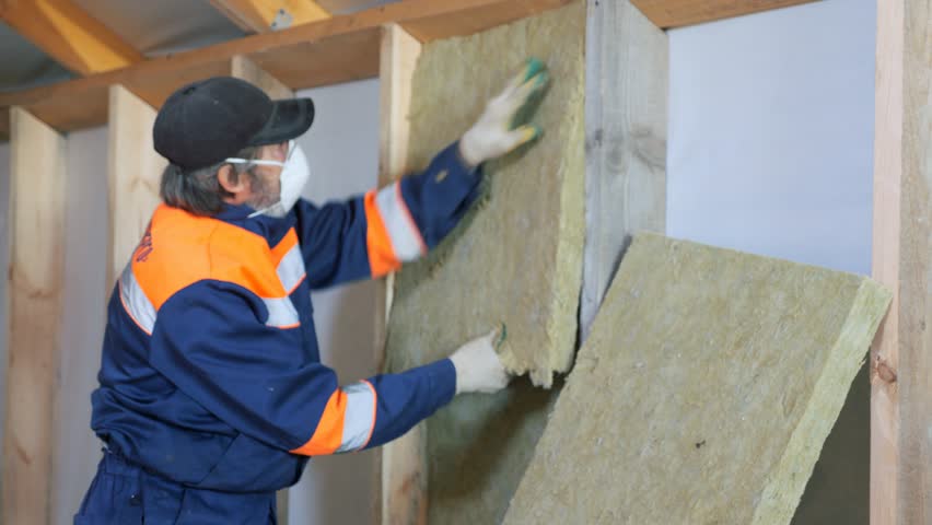 Insulation of a frame house with mineral wool. Cutting, fitting, laying insulation. Construction works. Construction of a private house. Insulation of the attic. The work of a builder, a master. An
