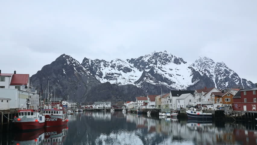 COASTAL VILLAGE LOFOTEN NORWAY - MAY 2013: View of a small fishing village in