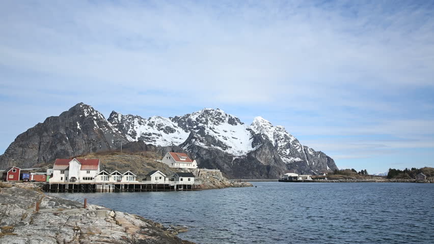 COASTAL VILLAGE LOFOTEN NORWAY - MAY 2013: View of a small fishing village in