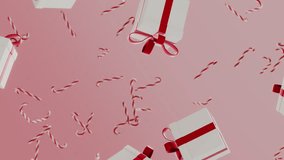 Horizontal 3d Christmas New Year gifts red ribbon bow candy canes falling loop animation floating background pastel festive winter elegant glossy shiny banner decoration merry greeting card mockup - Powered by Shutterstock - Get 15% off with code: PIKWIZARD15