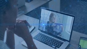 User launching business call and watching presenter showing pie charts then report and taking notes. Remote collaboration, business meeting, digital communication, analytical data - Powered by Shutterstock - Get 15% off with code: PIKWIZARD15