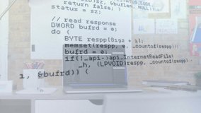 Closed laptop shot starting overlay scrolling through C++ HTTP and vector math handling response. Technology, programming, coding, software development, data analysis, digital workspace, minimalist - Powered by Shutterstock - Get 15% off with code: PIKWIZARD15