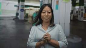 Young woman pressing hands together in namaste gesture with gentle smile at petrol station building near fuel pump; gratitude. - Powered by Shutterstock - Get 15% off with code: PIKWIZARD15