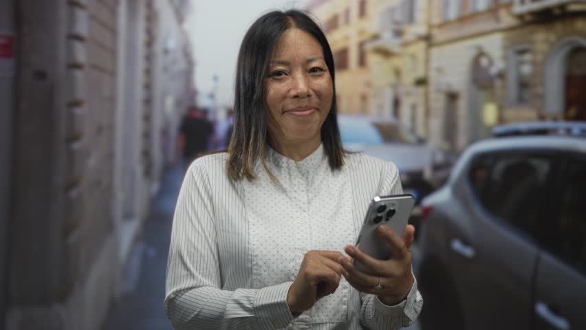 Woman tapping smartphone screen with both hands on a narrow city street beside parked car and old buildings; serenity.