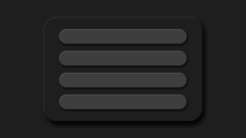 Black text box bars open close animation inside rectangle with neomorphic effect on black background. 4K animated embossed text box for presentation, text space, titles, and layout motion graphics.