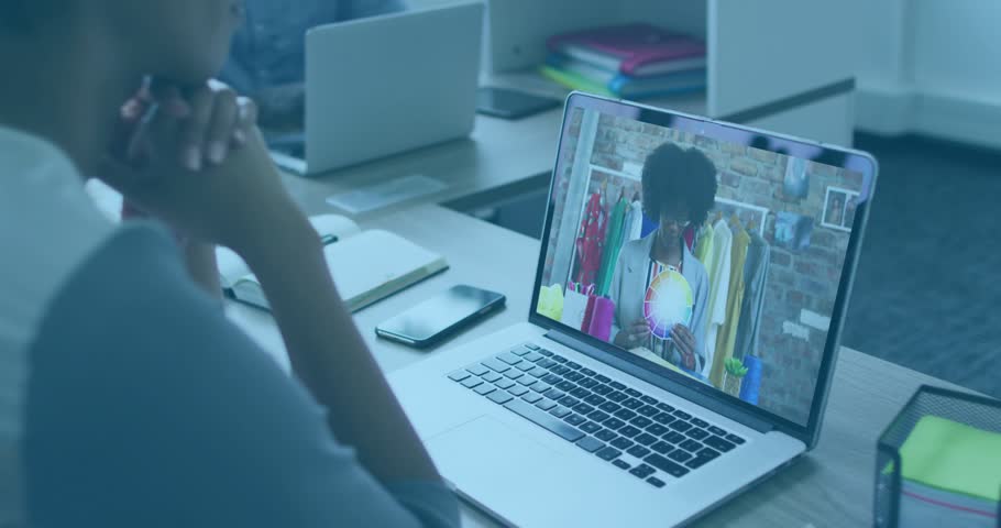 Female viewer opening laptop and watching analytics presenter bar chart and trendline rising. Technology, data, analytics, business, training, workspace, modern