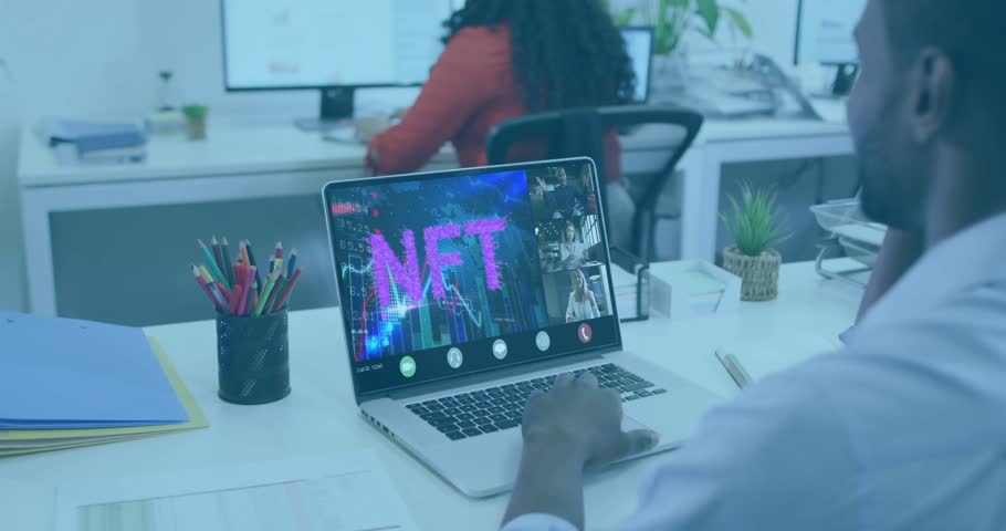 man opening conference app and showing NFT slide to remote team activating animated charts. Collaboration, technology, data visualization, digital workspace, professional, innovation, modern