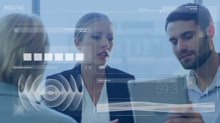 Executive leaning toward tablet, team tapping display uncovering chart and rising engagement metric. Business, technology, data, analytics, corporate, innovation, collaboration - Powered by Shutterstock - Get 15% off with code: PIKWIZARD15