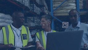 Warehouse team typing laptop, tapping tablet as glowing icon emerging above head expanding network. Collaboration, connectivity, logistics, inventory, communication, teamwork, supply chain - Powered by Shutterstock - Get 15% off with code: PIKWIZARD15