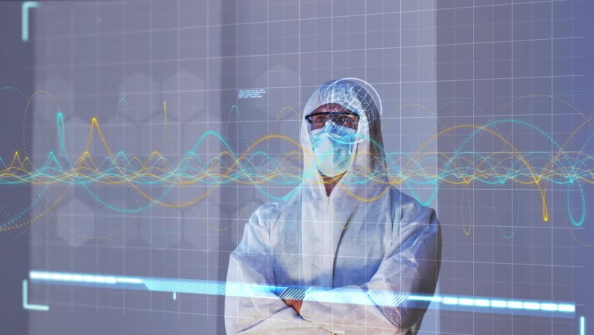 Researcher activating scan protocol via clear displays for analysis virus model appearing with data. Technology, innovation, analytics, visualization, scientific, futuristic, digital - Powered by Shutterstock - Get 15% off with code: PIKWIZARD15