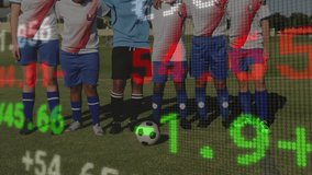 Six female soccer players standing on pitch while digital finance graphics pulsing then fading back. Athleticism, teamwork, unity, vibrant, dynamic, outdoor, competition - Powered by Shutterstock - Get 15% off with code: PIKWIZARD15