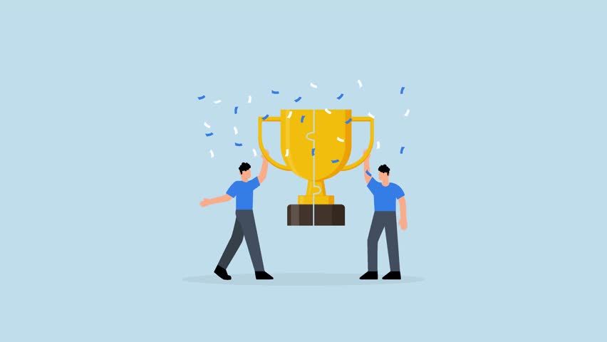Win win situation, businessman connect trophy jigsaw piece to win together.