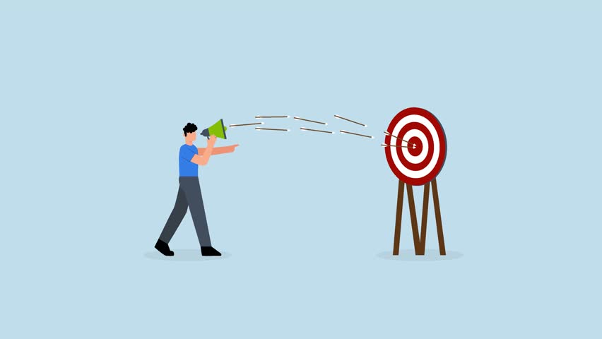 Communicate, entrepreneur promoter speaks through megaphone as archer strikes target bullseye.