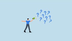 Ask questions to get answer for solving problem, businessman poses inquiries on megaphone filled with numerous question marks. - Powered by Shutterstock - Get 15% off with code: PIKWIZARD15