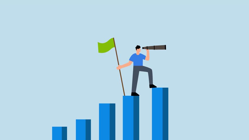 Vision to see next goal, entrepreneur ascend on upward chart seek next objective.