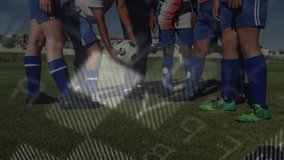 six female soccer players placing hands on ball, activating sports graphics, lifting it for unity. Athletics, teamwork, collaboration, strategy, motivation, outdoors, competition - Powered by Shutterstock - Get 15% off with code: PIKWIZARD15