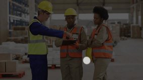 Warehouse staff pointing at tablet and forming network overlay showing supply-chain connectivity. Logistics, teamwork, industrial, digital, collaboration, technology, distribution - Powered by Shutterstock - Get 15% off with code: PIKWIZARD15