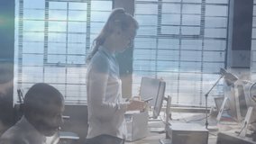 Woman scrolling phone, displaying animated network nodes across office for data syncing. Collaboration, connectivity, digital, technology, workspace, communication, innovation - Powered by Shutterstock - Get 15% off with code: PIKWIZARD15