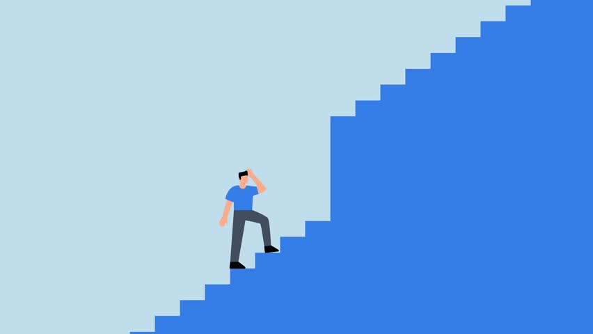 Challenge to overcome difficulty, businessman walk up stair to find huge difficult step.