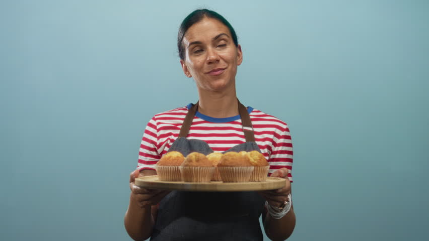 Woman holding a tray of muffins and presenting them with visible hands in a teal studio; homemade baking contentment.