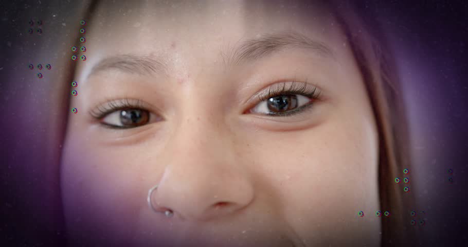 Teenage girl gazing at camera, spinner fading in and glitch X shapes drifting in technology demo. Digital art, futuristic, cyberpunk, vibrant, abstract, technology, portrait