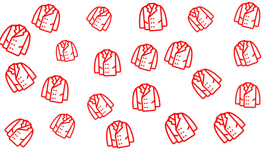 Many red cartoon jackets on white background, suitable for clothing store promotion, fashion website, or winter sale banners design.