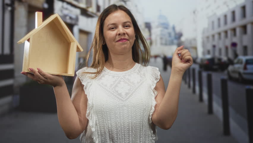Woman holding wooden house model on street points finger forward while smiling; home ownership confidence.
