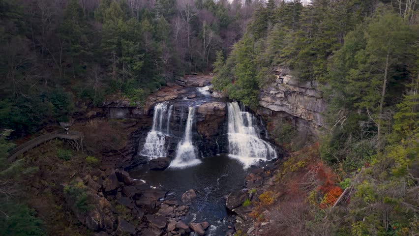 Explore the breathtaking aerial perspectives of Blackwater Falls in Blackwater Falls State Park, showcasing the beauty of West Virginias natural wonders.