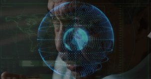 Senior male analyst steadying coffee cup in tech hub, creating 3D globe appearing for data analysis. Technology, data, innovation, visualization, futuristic, digital, analytics - Powered by Shutterstock - Get 15% off with code: PIKWIZARD15