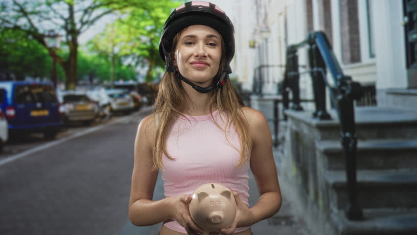 Woman holding piggy bank with hands on city street, wearing black helmet and pink tanktop while looking up at sky; saving hope.