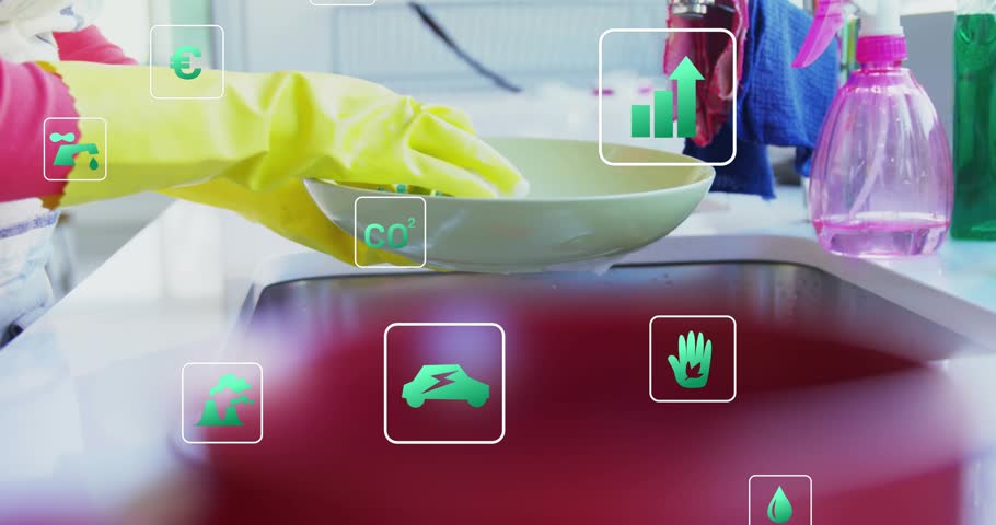 Lifting green bowl, gloved hands scrubbing, rinsing, moving to rack, eco icons pulsing and fading. Sustainability, eco-friendly, hygiene, home, efficiency, modern, conscientious