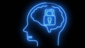 A neon blue outline of a human head with a brain containing a padlock against a black background - Powered by Shutterstock - Get 15% off with code: PIKWIZARD15