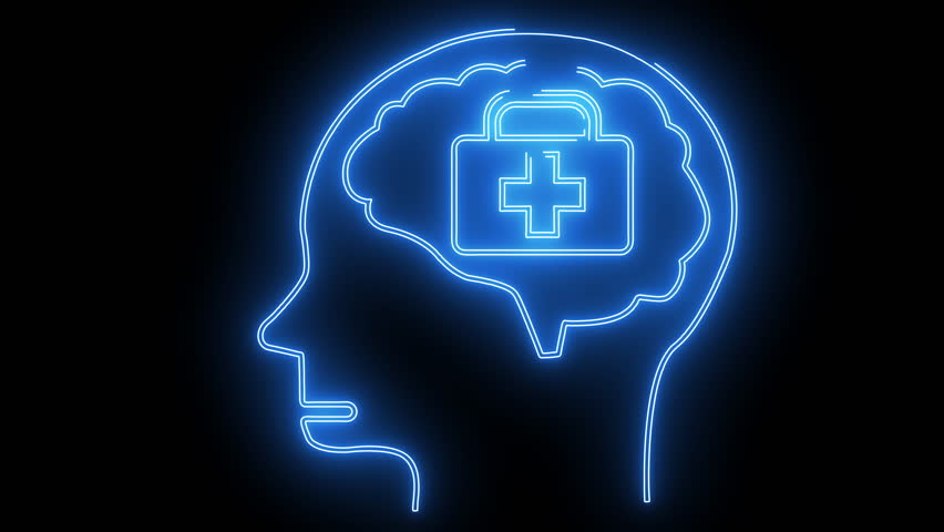 Blue neon head outline with a medical kit inside a brain set against a black background
