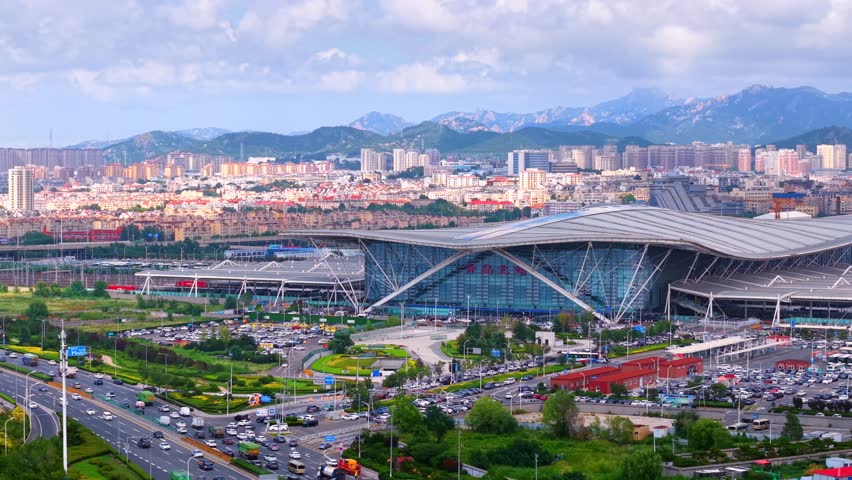 Aerial view of Qingdao North Railway Station, Shandong Province, China