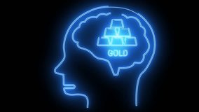 Glowing blue neon art Brain outline with gold bars and GOLD text inside on a black backdrop - Powered by Shutterstock - Get 15% off with code: PIKWIZARD15