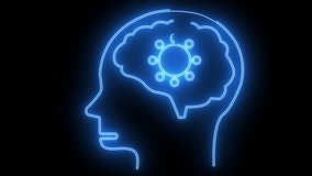 Glowing blue outline of a head profile with a virus symbol inside the brain against a black background - Powered by Shutterstock - Get 15% off with code: PIKWIZARD15