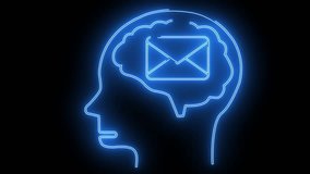 Glowing blue outline of a human head profile with a brain containing an envelope symbol set against a black background - Powered by Shutterstock - Get 15% off with code: PIKWIZARD15