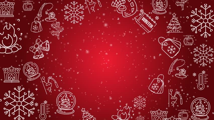 Doodle winter holiday icons line art seamless pattern with particles on a red background.