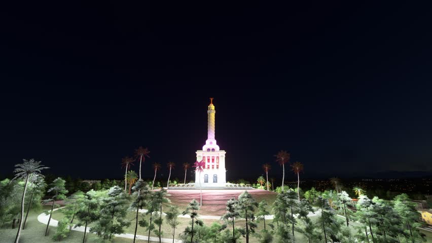 3D - Night drone shot of Monument to the Heroes of the Restoration in Santiago de los Caballeros. Dominican Republic