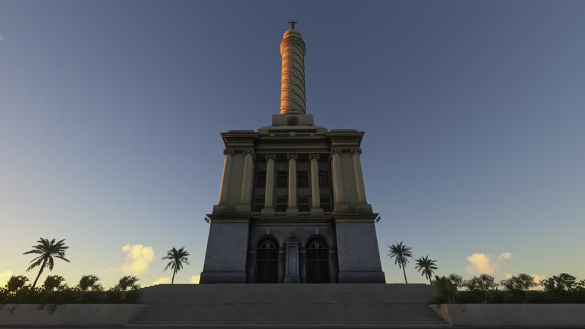3D - Sunset aerial view of Monument to the Heroes of the Restoration in Santiago de los Caballeros. Dominican Republic