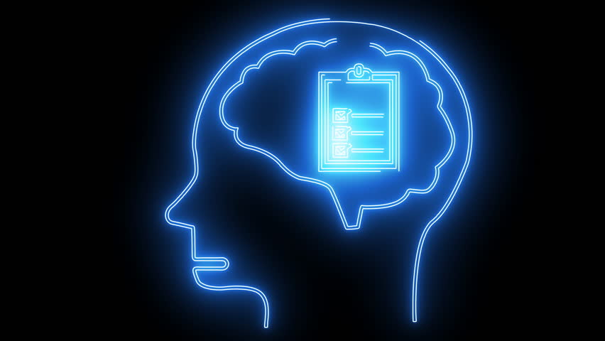Neonblue brain outline with a clipboard checklist inside set against a black background