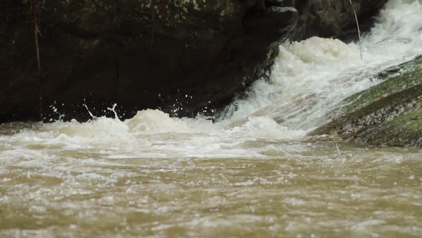 Stream Water Flowing Over Rocks in Nature, Rapid River Current After Rain