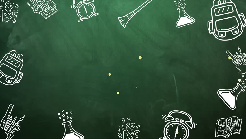 Back to school blackboard features doodles of books and school supplies with a green background
