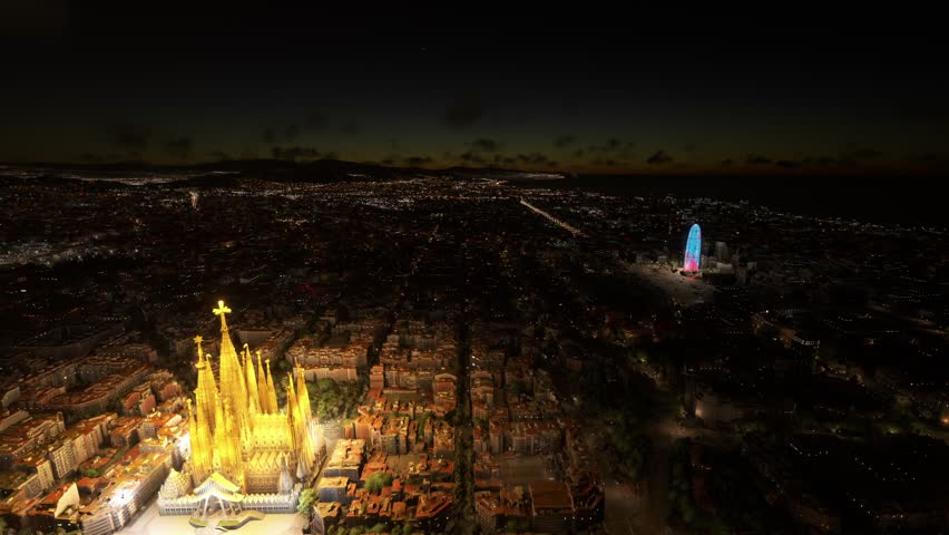 3D - Side aerial drone shot at night of Basilica of the Holy Family in Barcelona. Spain