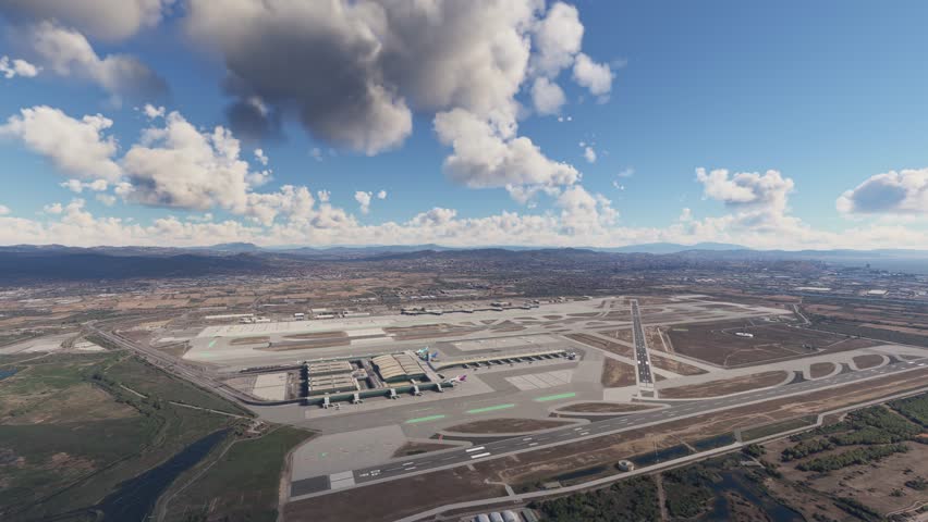 3D - Side aerial drone shot of Josep Tarradellas Barcelona Airport in El Prat de Llobregat. Spain